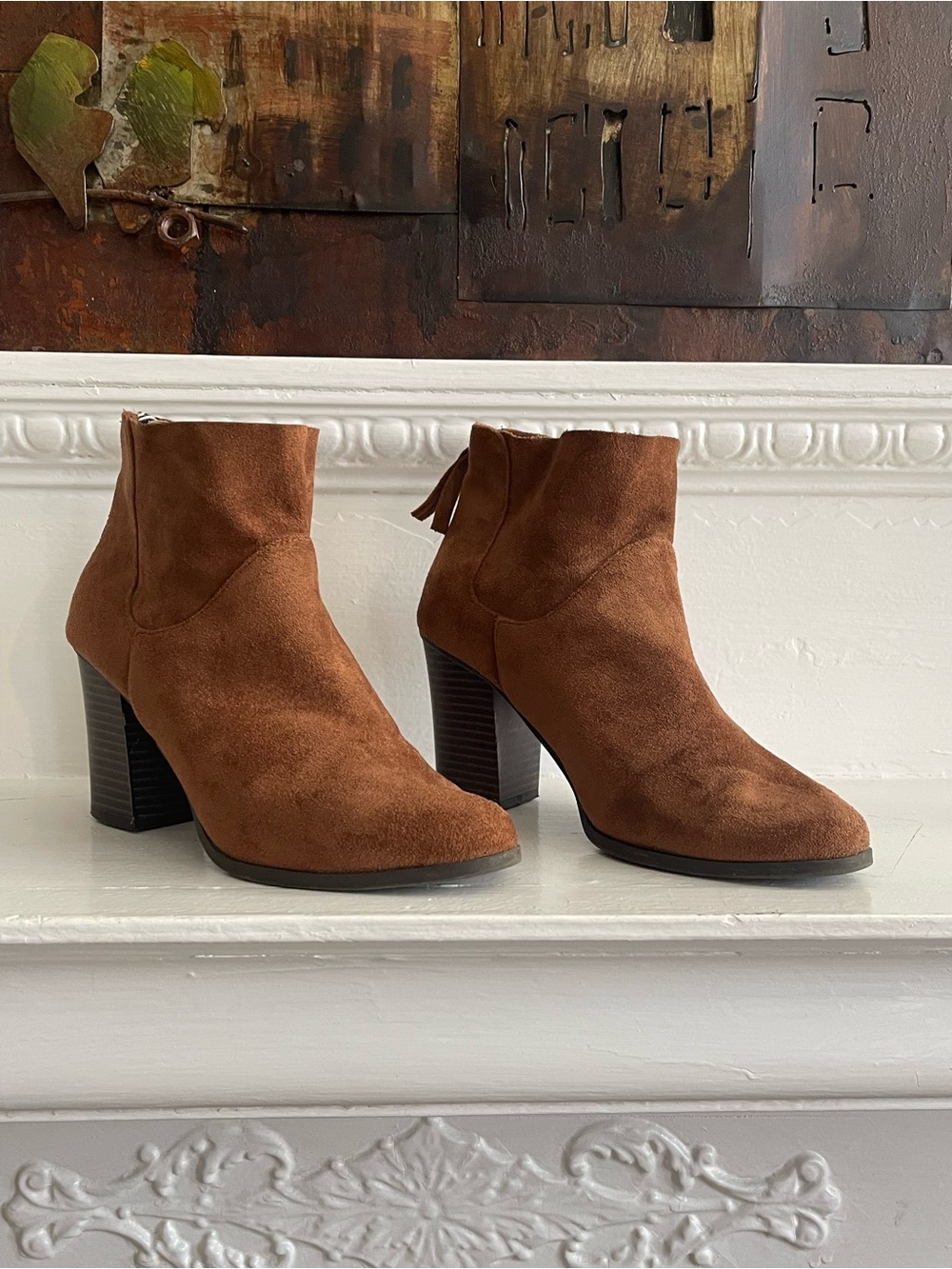 Brash Chestnut Suede Ankle Boots with Stacked Heel